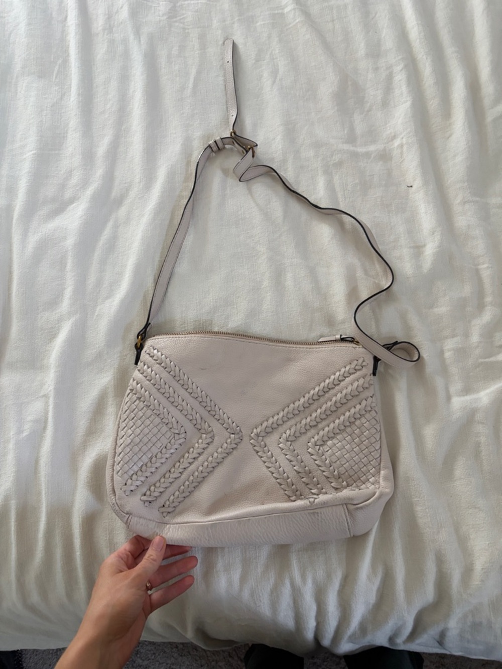 Woven Detail Leather Crossbody Bag in off white